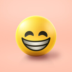 Grinning and laughing happy Emoji stress ball on shiny floor. 3D emoticon isolated.