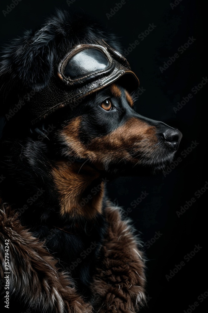 Wall mural A dog wearing a black and brown fur coat and goggles