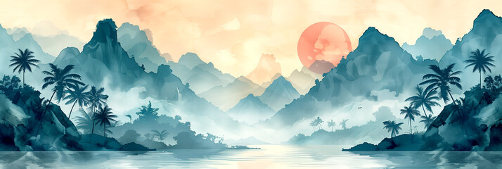 Fototapeta premium A serene landscape painting depicting a tranquil scene with mountains, fog, and a soft, pastel color palette.