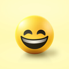 Grinning and laughing happy Emoji stress ball on shiny floor. 3D emoticon isolated.
