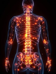A man's skeleton is shown in red and blue with a lot of red dots