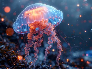 A jellyfish with blue and orange stripes is floating in the water