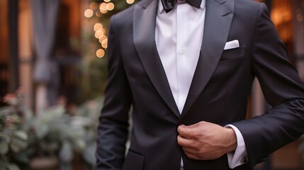 A man in a black suit is wearing a white shirt and a black bow tie - obrazy, fototapety, plakaty