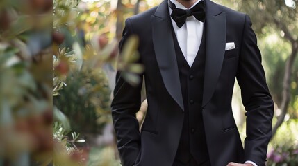 A man in a black suit is wearing a white shirt and a black bow tie - obrazy, fototapety, plakaty