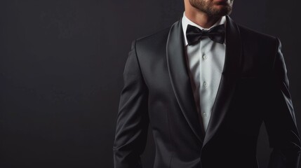 A man in a black suit is wearing a white shirt and a black bow tie