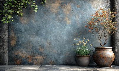 Plants in flower pots against the wall. - obrazy, fototapety, plakaty