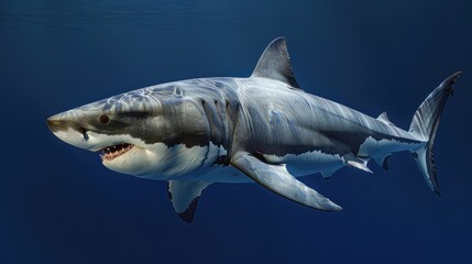 Close-up of great white shark swimming underwater. Wild scary predator in ocean. Grey Reef Shark in...