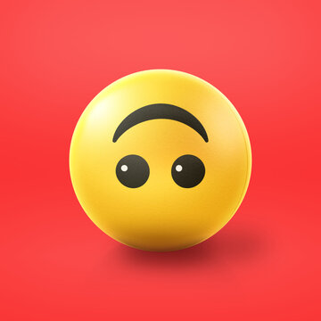 Inverted smile Emoji stress ball on shiny floor. 3D emoticon isolated.