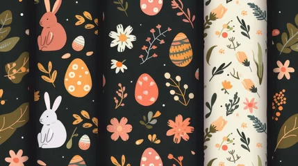 Fotobehang Modern seamless pattern with easter egg, flower, rabbit, foliage. Spring season repeated in fabric pattern for prints, wallpaper, cover, packaging, kids, ads, and more. © Mark