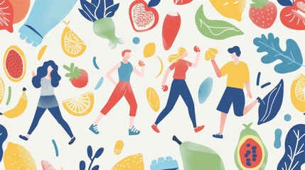 World health day concept, 7 April. Hand drawn comic doodle style of exercise, fruits, and people working out. Design for web, banner, campaign, or social media. - obrazy, fototapety, plakaty