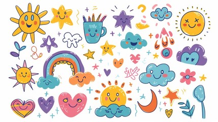 An assortment of groovy hippie cartoon characters, doodles of smile faces, flowers, clouds, hearts, suns, cups and stars. Cute retro hippie design suitable for decorative, sticker, kids, and clipart.