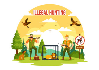 Obraz na płótnie Canvas Illegal Hunting Vector Illustration by Shooting, Taking Wild Animals and Plants to Sell in Flat Cartoon Background Design