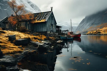 Papier Peint photo Lavable Europe du nord Autumn at a Secluded Fjord with Traditional Boats. 