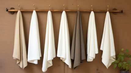 row of Kitchen, Children's towels made of natural muslin, fabrics are hung on a wooden hanger on a brown wall. Minimalistic Interior.
