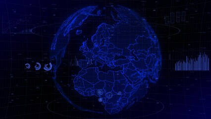 cinematic digital globe rotating video background showcases zooming in on Montenegro country. Data analysis Montenegro Country Charts and Graphs of Growth, Development, Resources, GDP Conceptual