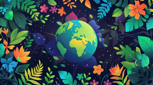 GRoovy nature background modern. Earth day concept, globe, recycling symbol, flower groovy style illustration for web, banner, campaign, social media.