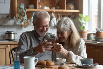 senior woman and man couple point to mobile phone, speaking to his wife during breakfast in home, texting smartphone and enjoy time together