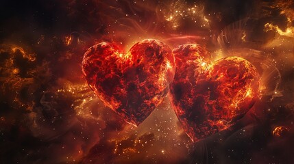 Two hearts merged into one, surrounded by stars, galaxies, and clouds. The image is in high-resolution 3D, with a color palette of red and yellow. - obrazy, fototapety, plakaty