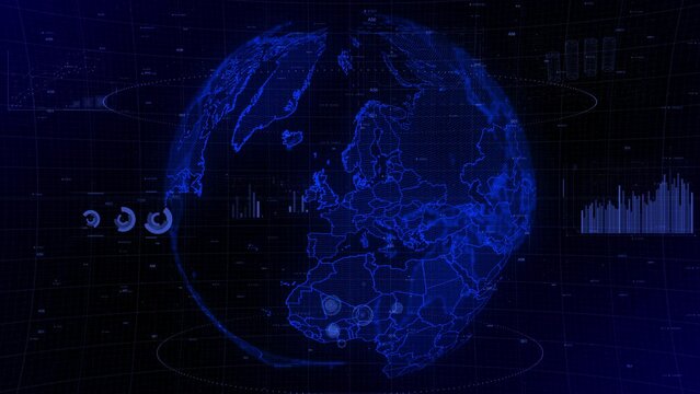 cinematic digital globe rotating video background showcases zooming in on Netherlands country. Data analysis Netherlands Country Charts and Graphs of Growth, Development, Resources, GDP Conceptual
