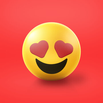 In love with hearts as eyes Emoji stress ball on shiny floor. 3D emoticon isolated.