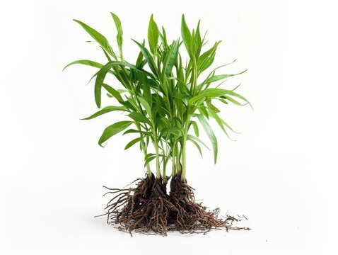 Green Plant With Roots on White Background