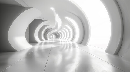 Illustration of a white circular room. Abstract architecture background. Futuristic minimal design. AI generative