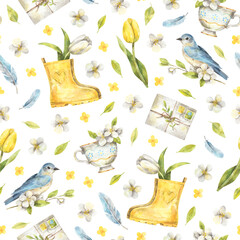 Spring seamless pattern with bluebirds, rubber boots, tulips, feathers. Watercolor hand-drawn texture for wrapping paper or textile on white background