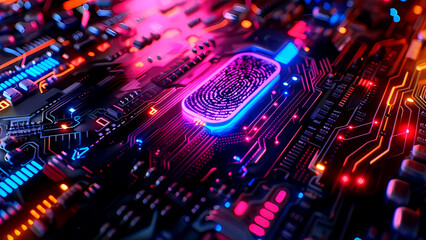 A fingerprint placed on top of a computer chip, emphasizing cybersecurity and authentication, built-in sensor, colorful LED lights, biometric identification - obrazy, fototapety, plakaty