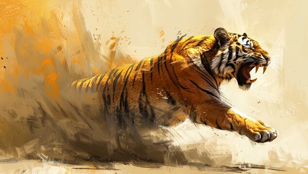 tiger roaring, full body, digital art style painting 