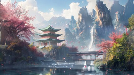 Fototapeta premium Waterfall With Pagoda in Background