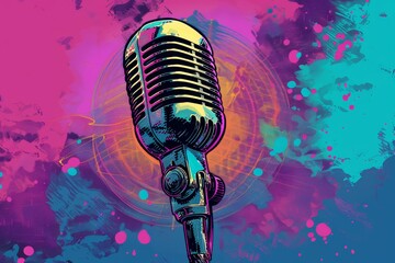 vector art microphone with retro background