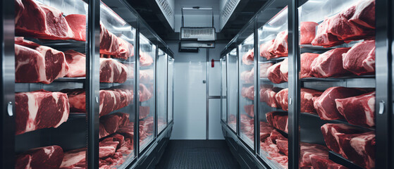 Rows of fresh hung half cow chunks in a large fridge i