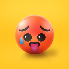 Hot and exhausted and tired Emoji stress ball on shiny floor. 3D emoticon isolated.
