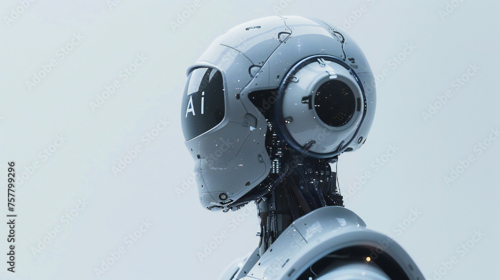 Poster a robot with a white face and a black eye. the robot has the word ai on its face