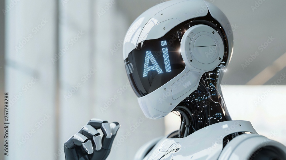 Poster a robot with the word ai on its head. the robot is white and has a robotic appearance