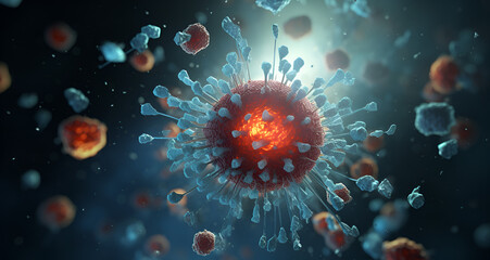 A spikey virus floating in the blood stream. Immune cell, nucleus animation style, biology. Natural colors and shades. bokeh background - obrazy, fototapety, plakaty