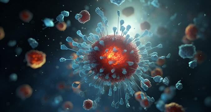 A spikey virus floating in the blood stream. Immune cell, nucleus animation style, biology. Natural colors and shades. bokeh background