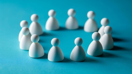 A group of people are standing in a circle. The people are white and are all facing the same direction. The people are arranged in a circle, with some standing closer to the center