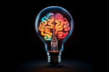 Brain glowing inside of light bulb on background. Creative and innovation inspiration concept.