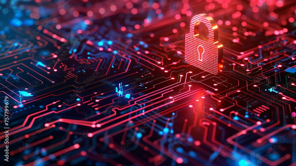 Poster a red and blue circuit board with a key on it
