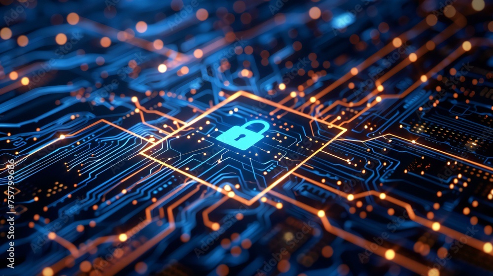 Aufkleber a computer chip with a blue lock symbol on it. the blue color is the background and the orange color