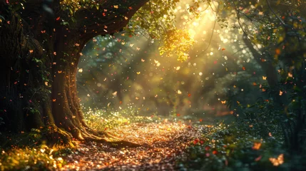 Foto auf Alu-Dibond An ethereal forest path is drenched in golden sunlight, with mystical floating embers, inviting a sense of adventure and discovery © Oksana