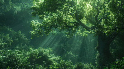 Majestic sun rays piercing through a lush green canopy, highlighting the powerful beauty of...