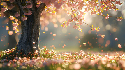 An enchanting view of cherry blossoms in full bloom with petals dancing in the wind against a softly-lit background
