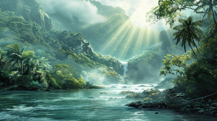 A breathtaking jungle scene with mist, lush greenery, and a majestic waterfall illuminated by rays of sunlight - obrazy, fototapety, plakaty