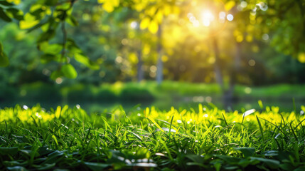 Bright sun rays illuminate fresh green grass with a soft-focus bokeh effect in the background, evoking freshness and growth - obrazy, fototapety, plakaty