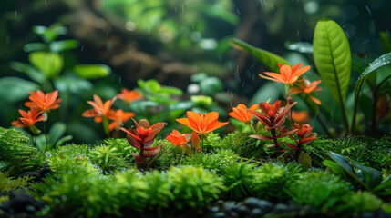 A serene view of bright orange flowers blooming among various green plants with a misty background, emphasizing nature's beauty - Powered by Adobe