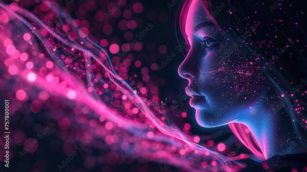 Fototapete Virtual assistant avatar in a chat, surrounded by digital neon. Captures modern communication and interactive tech