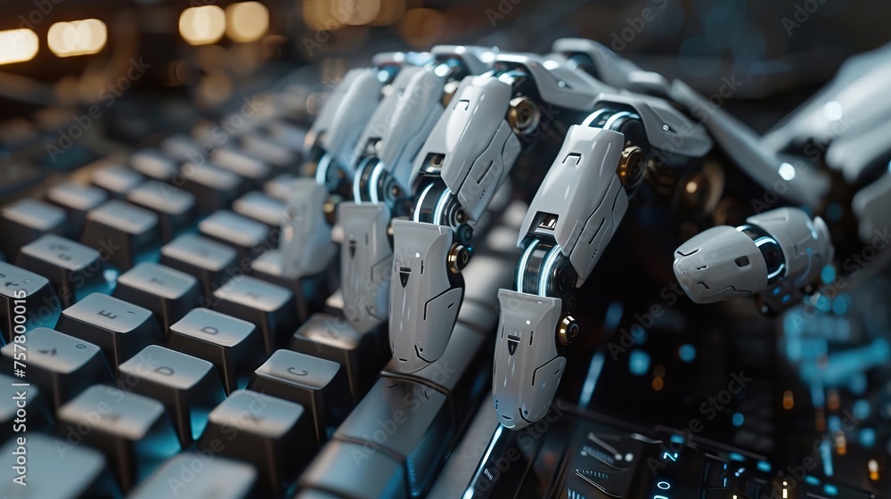 Poster Robotic hand typing on a keyboard, symbolizing AI development. Perfect for innovation and technology themes