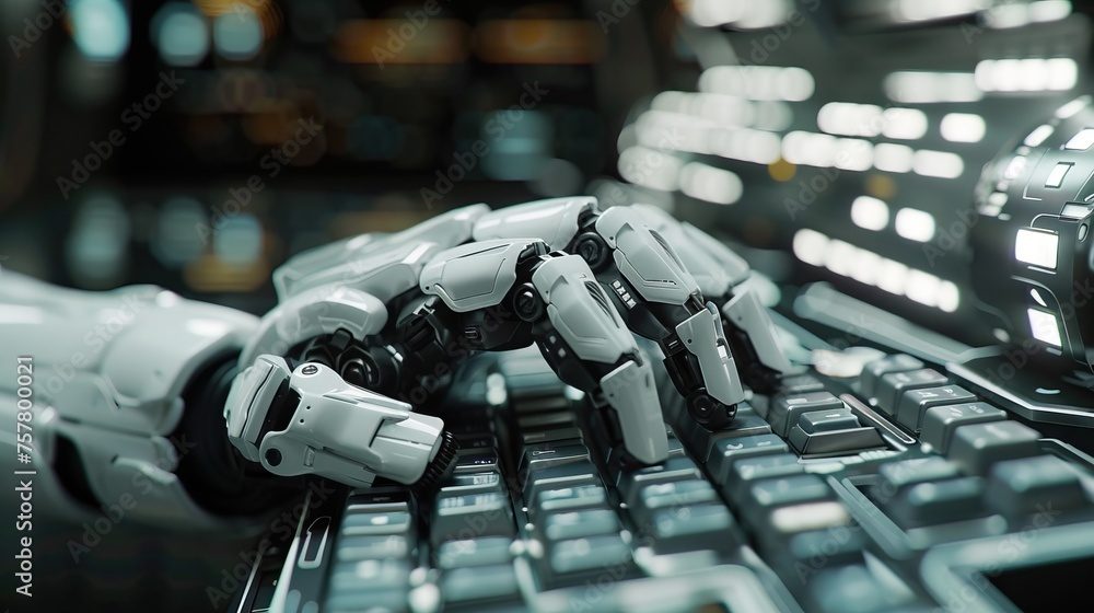 Poster Robotic hand typing on a keyboard, symbolizing AI development. Perfect for innovation and technology themes